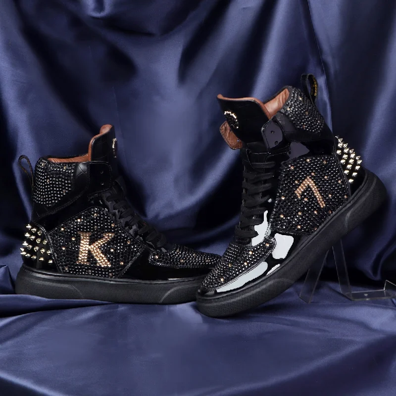 Unisex leather shoes formal tan-Customized "K7" Initial Black and Golden Swarovski Crystal Zardosi Patent Leather Sneakers with Golden Stud by Brune & Bareskin