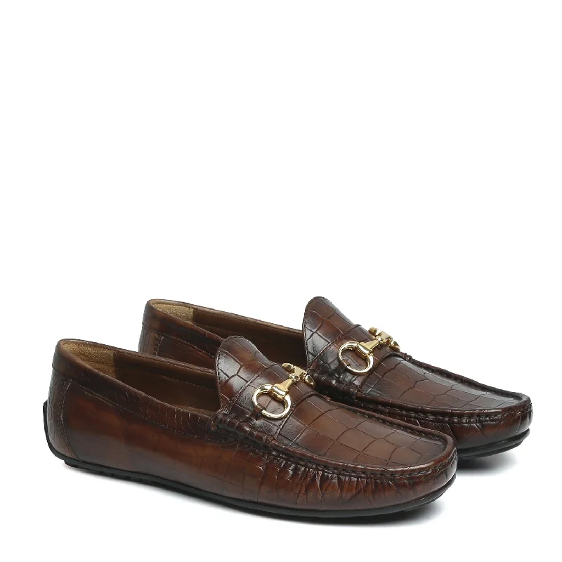 Unisex leather shoes durable tan-Dark Brown Loafers in Croco Textured Leather with Horse-bit Buckle