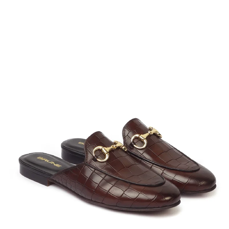 Unisex leather shoes polished brown-Dark Brown Leather Mules in Deep Cut Leather With Horse-bit Detailing