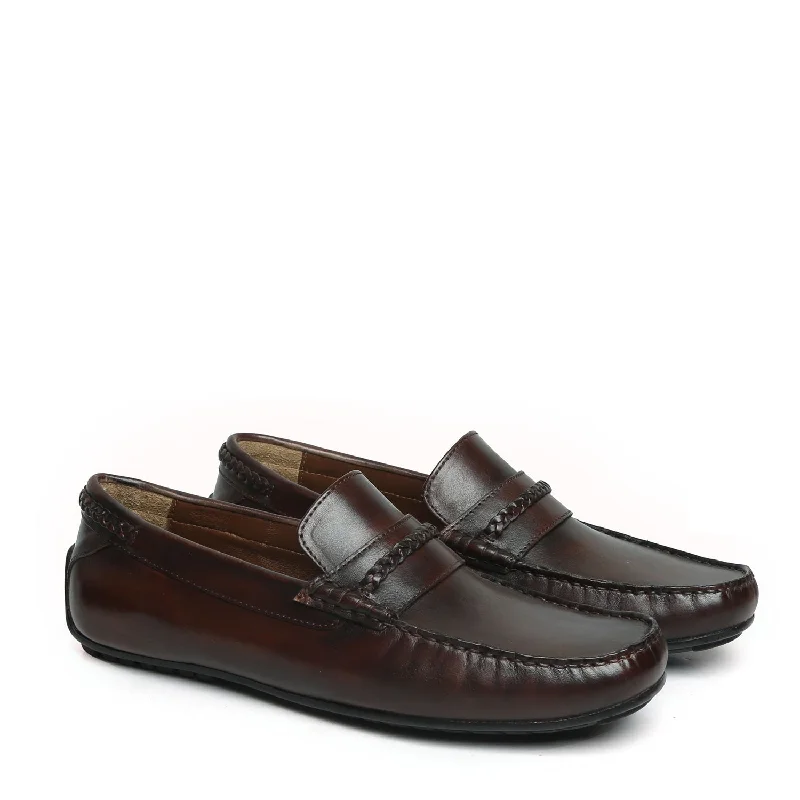 Unisex leather shoes office tan-Weaved Moccasin Loafers Dark Brown Leather