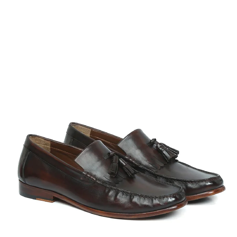 Unisex leather shoes sleek white-Tassel-Fringes Loafers in Dark Brown Leather with Leather Sole