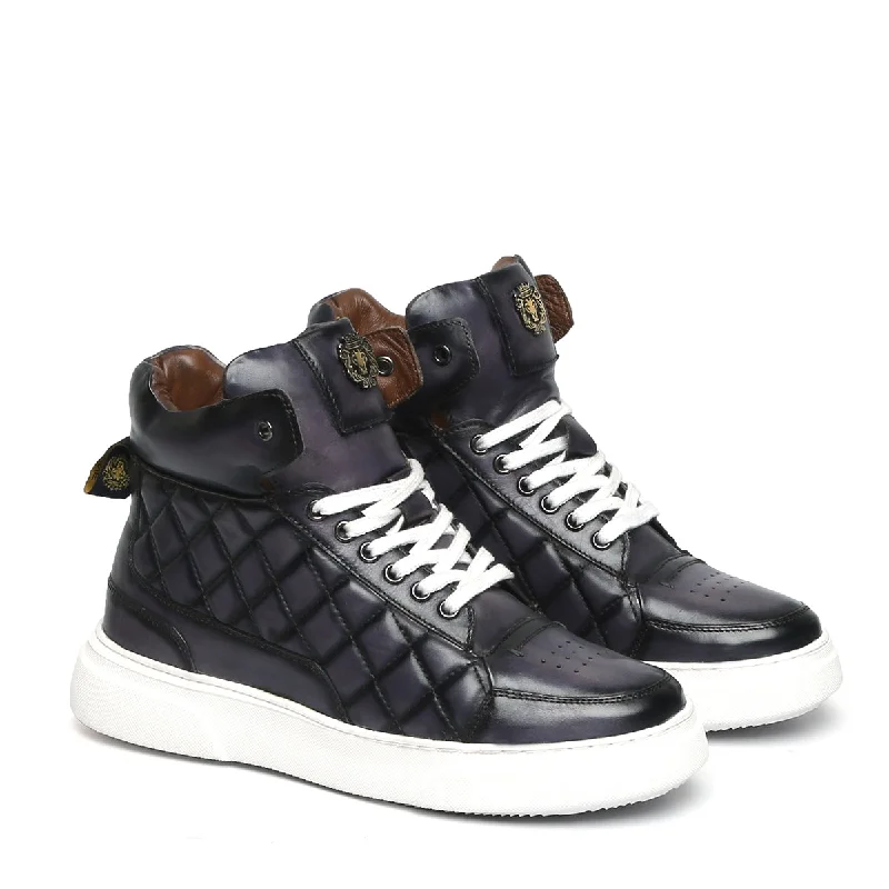 Unisex leather shoes durable black-Diamond Stitch Mid-Top Grey Leather Sneaker by Brune & Bareskin