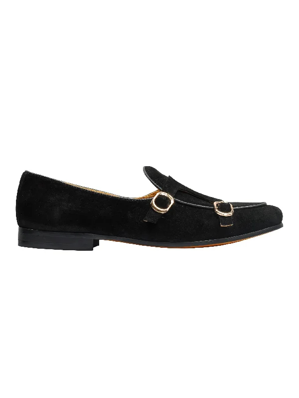 Unisex leather shoes breathable tan-DOUBLE MONK BLACK SUEDE LOAFERS