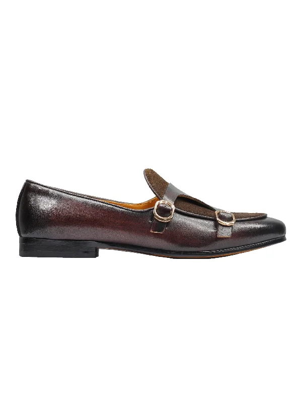 Unisex leather shoes office navy-DOUBLE MONK LOAFERS IN DARK BROWN