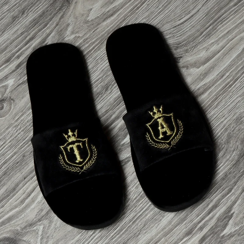 Unisex leather shoes versatile white-EMBROIDERED TA INITIALS ON BLACK VELVET SLIPPERS BY BRUNE & BARESKIN