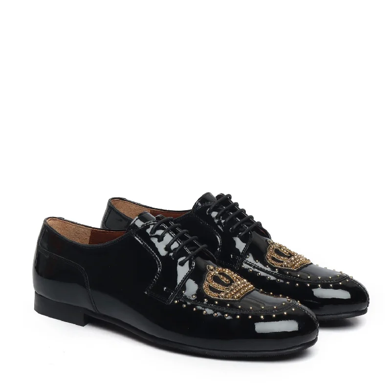 Unisex leather shoes breathable tan-Black Patent Leather Lace-Up Shoes with Ethnic Studded Crown Zardosi by Brune & Bareskin