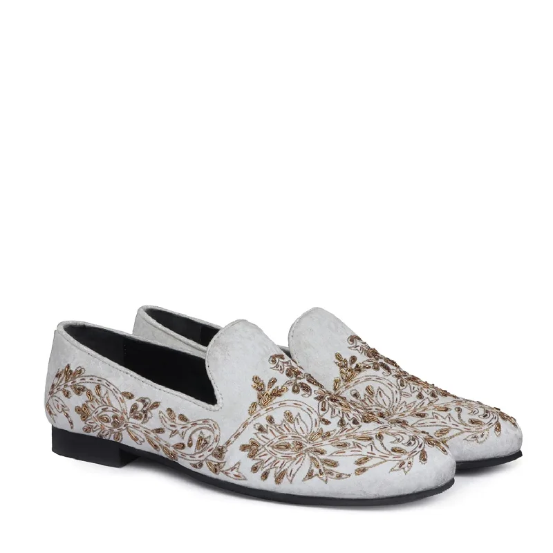 Unisex leather shoes breathable white-Zardosi Embroidery Slip-On Shoes in Ethnic White Fabric with Golden Crystals Petal Design