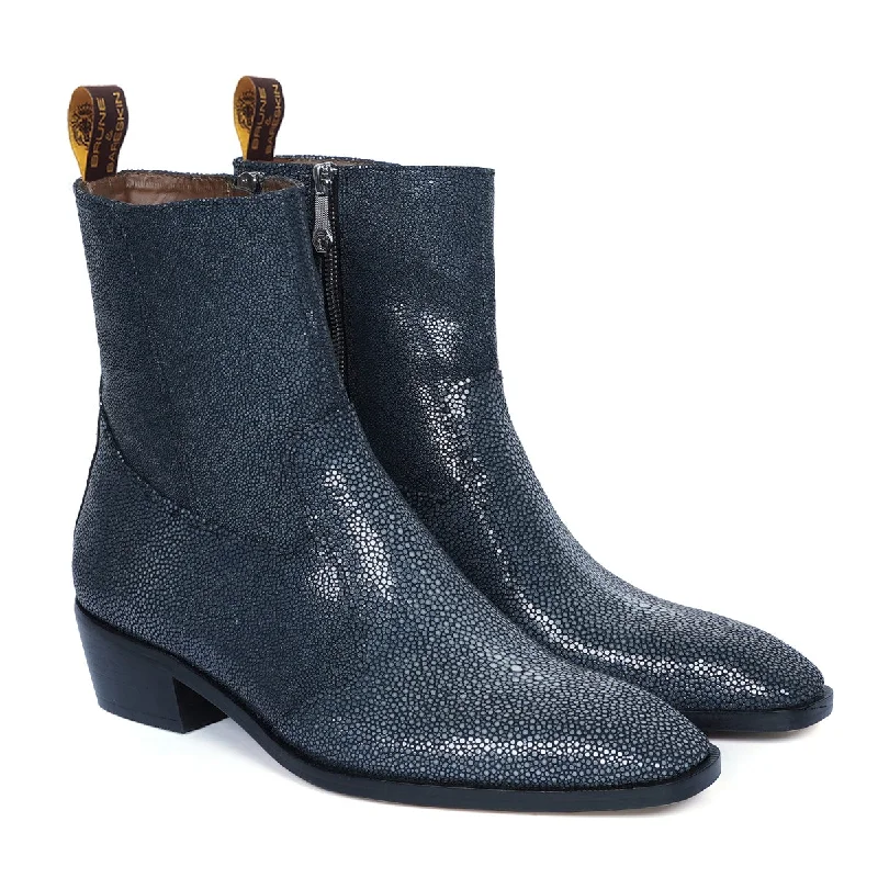 Unisex leather shoes versatile gray-High Ankle Cuban Heels Boots in Exotic Stingray Fish Leather