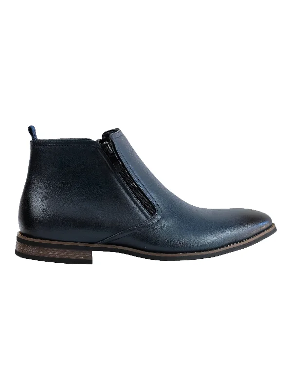 Unisex leather shoes breathable tan-FAUX LEATHER CHELSEA BOOTS LOW ANKLE IN NAVY