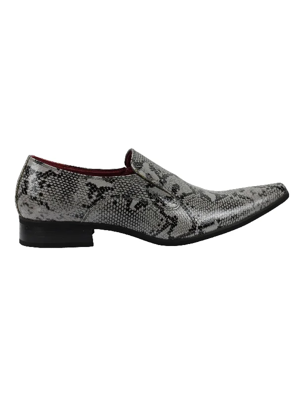 Unisex leather shoes polished brown-FAUX LEATHER SHINY PRINTED SLIP ON SHOES IN GREY