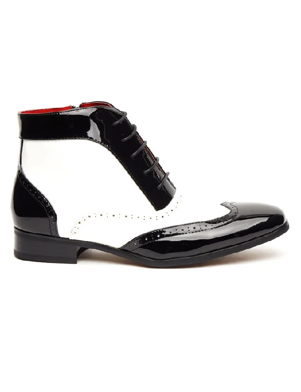 Unisex leather shoes versatile gray-FAUX PATENT LEATHER SHINY BOOTS IN BLACK & WHITE