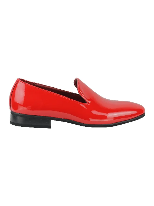 Unisex leather shoes durable navy-FAUX  PATENT LEATHER SHINY SLIP ON SHOES IN RED