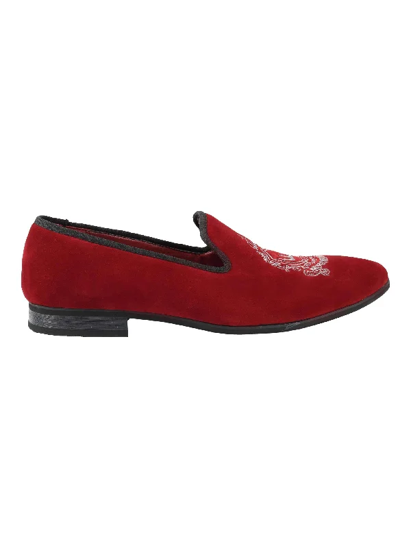 Unisex leather shoes lightweight brown-FAUX LEATHER VELVET EMBROIDERY LOAFERS IN MAROON