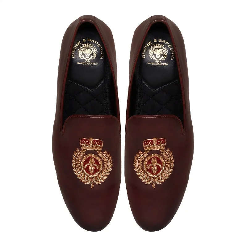 Unisex leather shoes formal brown-Dark Brown Leather Slip-On with Fleur-de-lis Crown Crest Zardosi By Brune & Bareskin