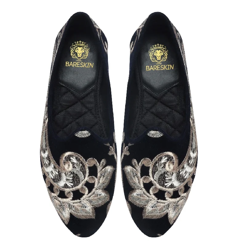 Unisex leather shoes durable black-Navy Blue Ethnic Jalsa with Floral Embroidery by Brune & Bareskin