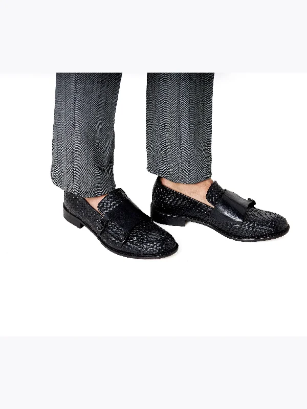 Unisex leather shoes stylish gray-FLORENCE 2 - DOUBLE BUCKLE MONK LOAFER IN BLACK INTERWEAVE ITALIAN LEATHER