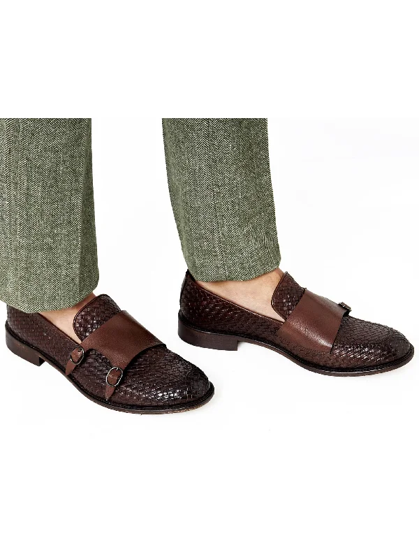 Unisex leather shoes lightweight navy-FLORENCE 2 - DOUBLE BUCKLE MONK LOAFER IN BROWN INTERWEAVE ITALIAN LEATHER