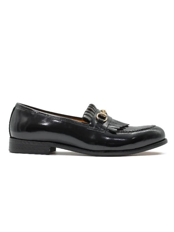 Unisex leather shoes office chic-FRINGE KILTIE LOAFERS SNAFFLE BIT IN BLACK