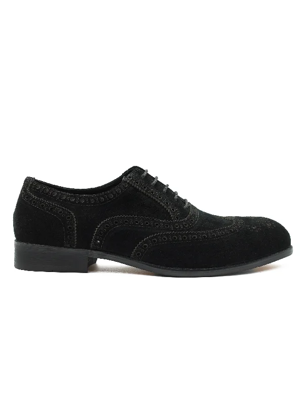 Unisex leather shoes formal navy-FULL BROGUE IN BLACK SUEDE