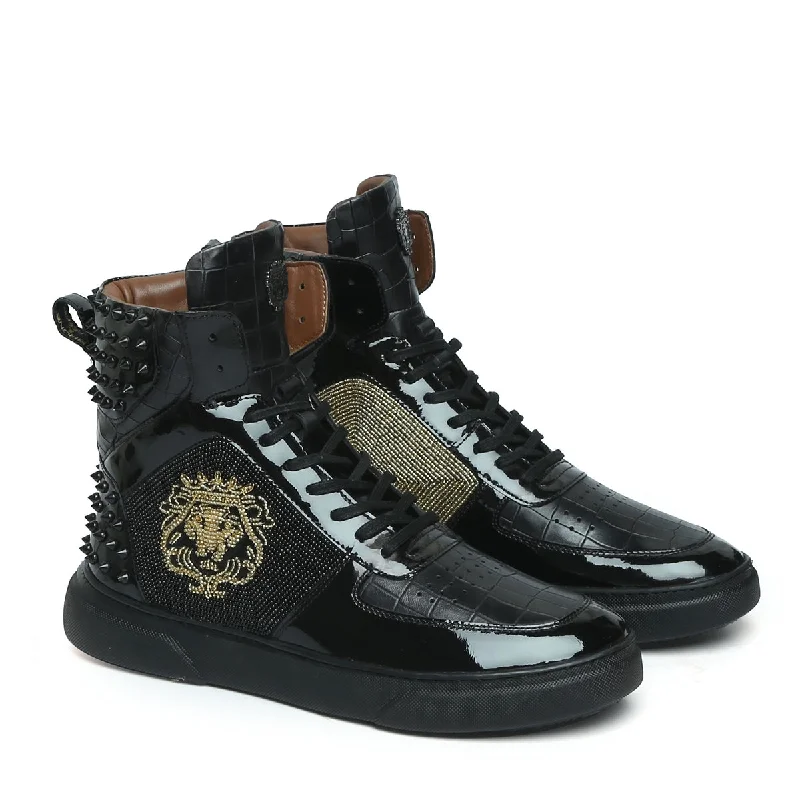 Unisex leather shoes versatile black-Black Studded Leather Sneakers with Patent Detailing Golden Beads Lion Zardosi