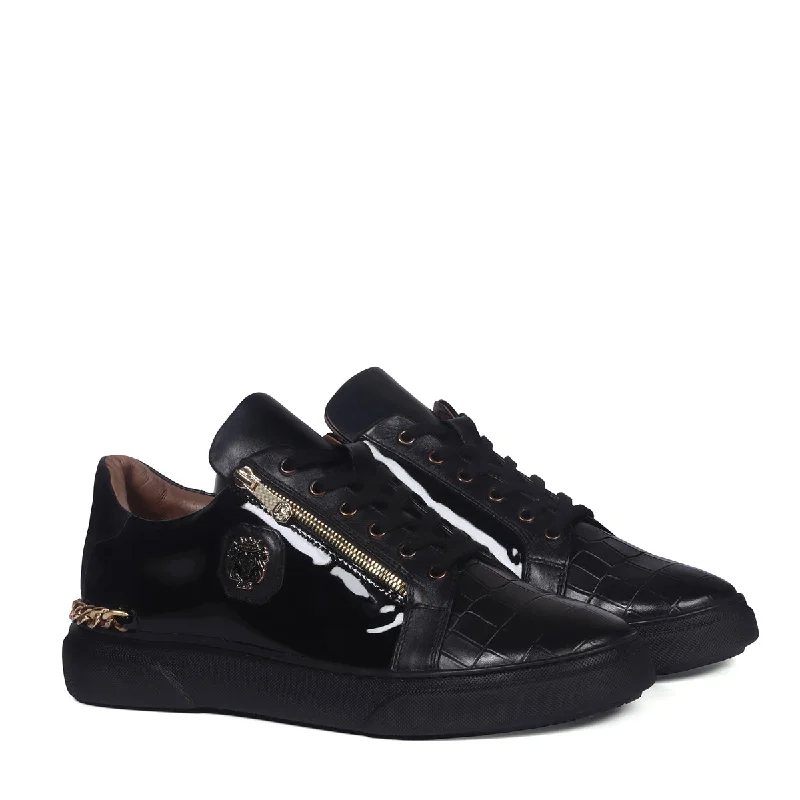 Unisex leather shoes durable black-Golden Chain Embellished Sneakers with Zipper Lace Up Patent Quarter with Deep Cut Croco Print Toe Leather