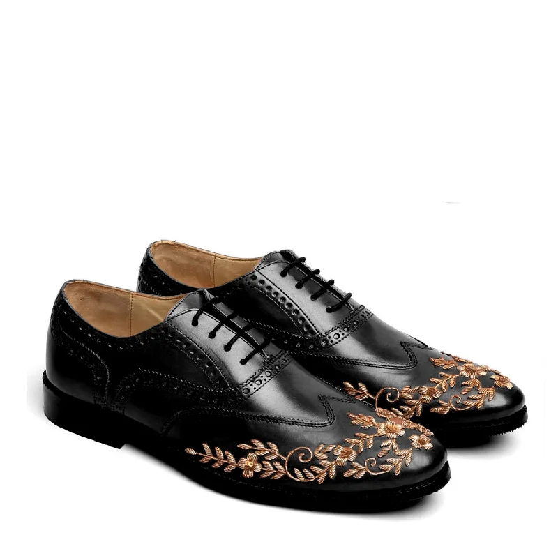 Unisex leather shoes sleek navy-Black Leather Formal Shoes with Golden Zardosi Wingtip Toe by Brune & Bareskin