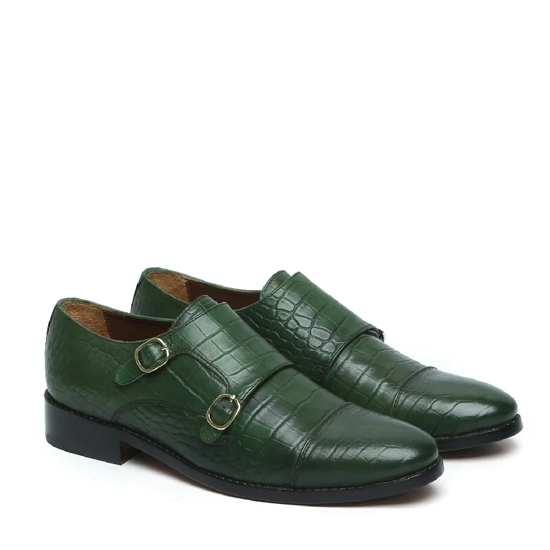 Unisex leather shoes lightweight brown-Green Croco Leather Double Monk With Leather Sole Shoes By Brune & Bareskin