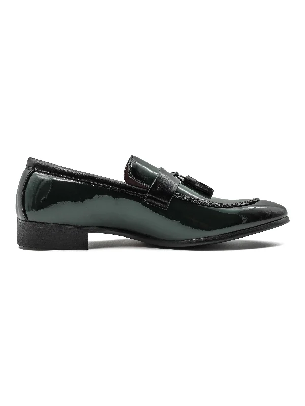 Unisex leather shoes premium tan-GREEN GLOSSY TASSEL LOAFERS