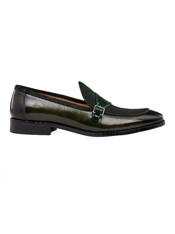 Unisex leather shoes durable black-GREEN LEATHER & SUEDE MONK SHOES