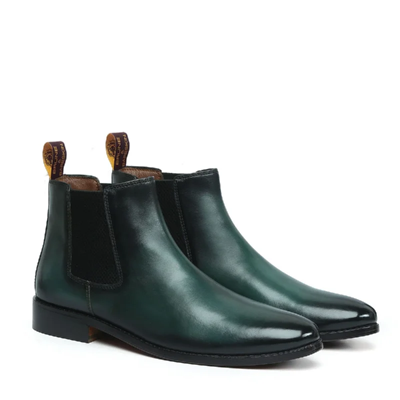 Unisex leather shoes polished gray-Green Leather With Leather Sole Hand Made Chelsea Boots For Men By Brune & Bareskin