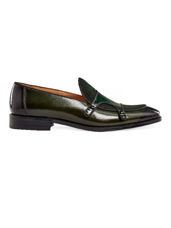 GREEN PATENT LEATHER & SUEDE MONK SHOES