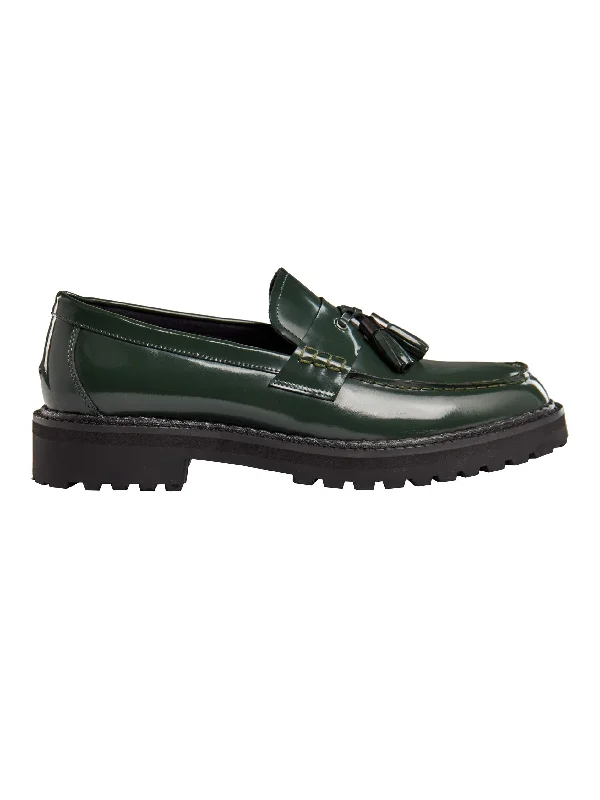 Unisex leather shoes lightweight white-GREEN PATENT LEATHER TASSEL LOAFERS