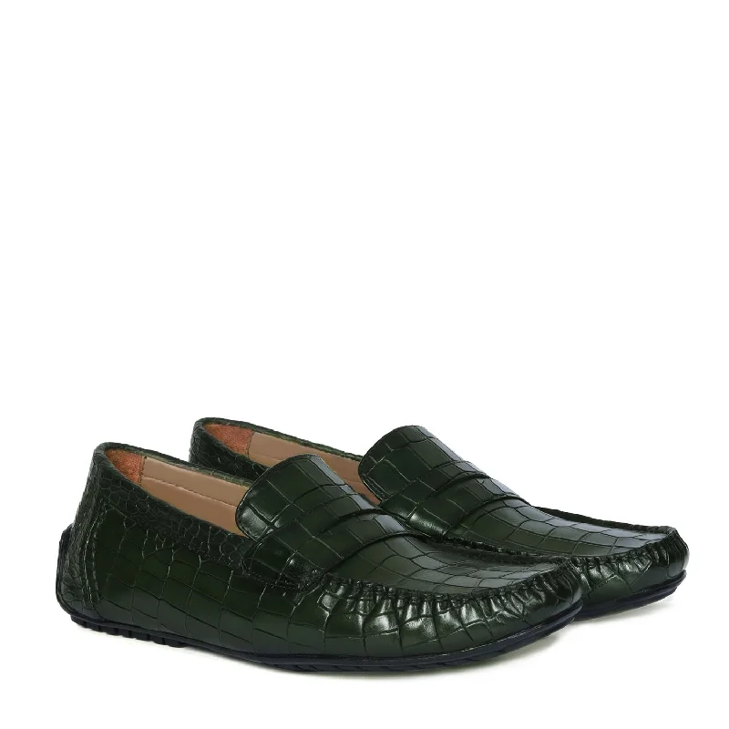 Unisex leather shoes versatile tan-Green Stitched Strap Loafer in Deep Cut Leather