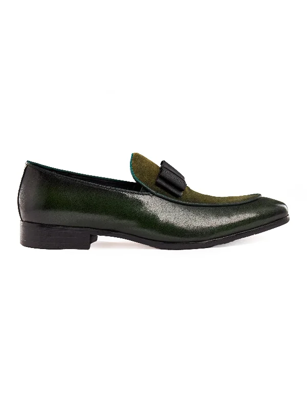 Unisex leather shoes formal navy-GREEN SUEDE & LEATHER BOW TIE LOAFERS