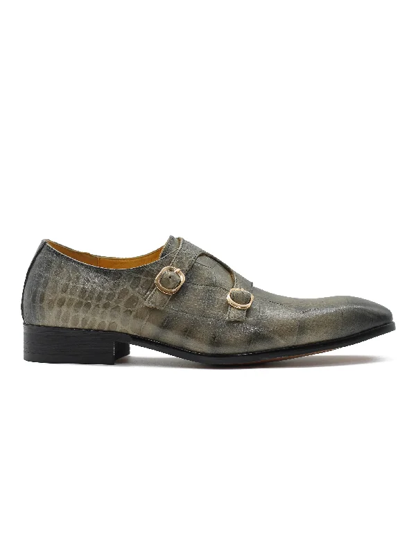 Unisex leather shoes stylish brown-GREY CROC PRINT DOUBLE MONK SHOES