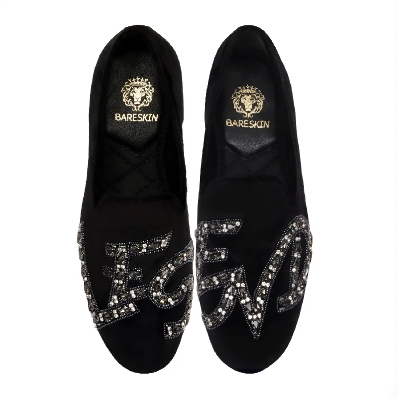 Unisex leather shoes versatile tan-Black Italian Velvet Slip-On Shoes with Grey Finish Crystal Stones LEGEND Embellished