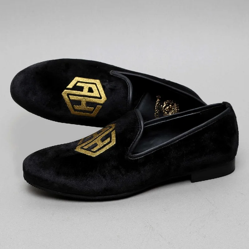 Unisex leather shoes stylish white-Handcrafted Black Italian Velvet Slip-On With AH Initials by Brune & Bareksin