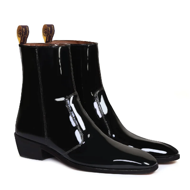 Unisex leather shoes breathable brown-Black Patent Formal Boots Cuban Heel Zipper Closure