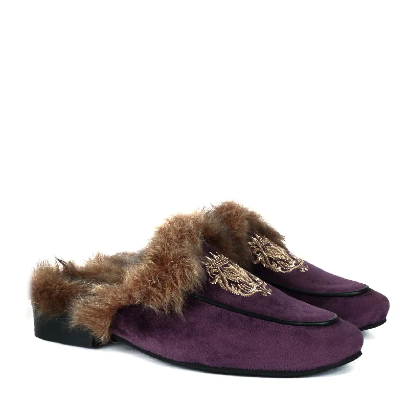 Unisex leather shoes soft tan-Italian Velvet Purple Furry Mules With Golden Lion Zardosi Embroidery By Brune & Bareskin