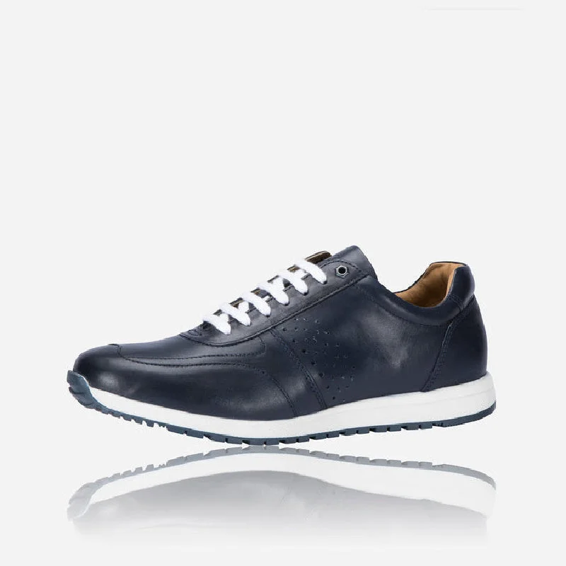 Unisex leather shoes office black-Prague Leather Sneaker, Navy