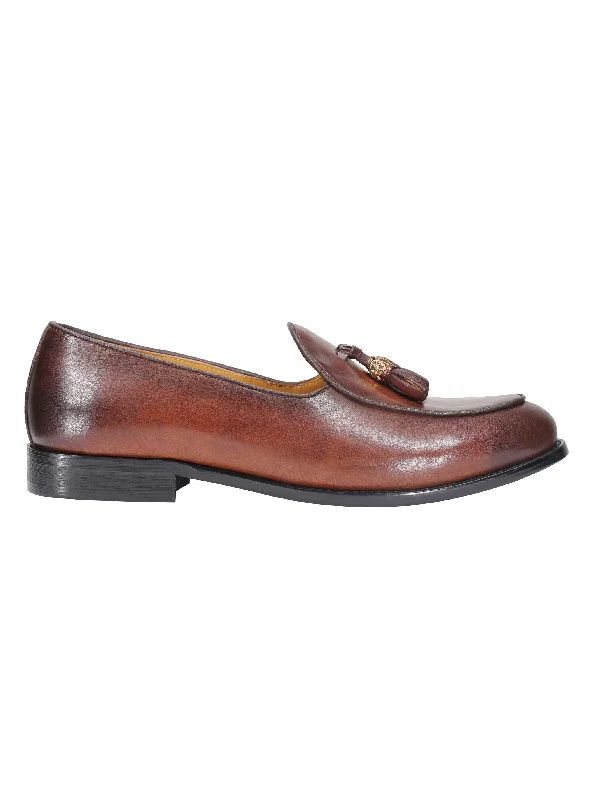 Unisex leather shoes formal gray-Leather Tassel Loafers in Tan