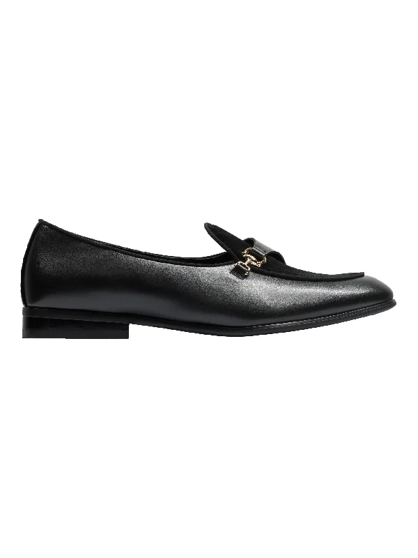 Unisex leather shoes polished brown-LEATHER & VELVET LOAFERS WITH DECORATIVE MONK STRAP