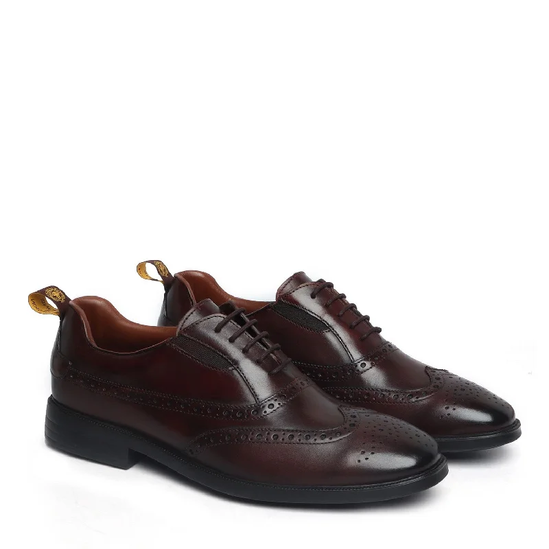 Unisex leather shoes formal black-Light Weight Dark Brown Leather With Punching Brogue Oxford Lace-Up Shoe