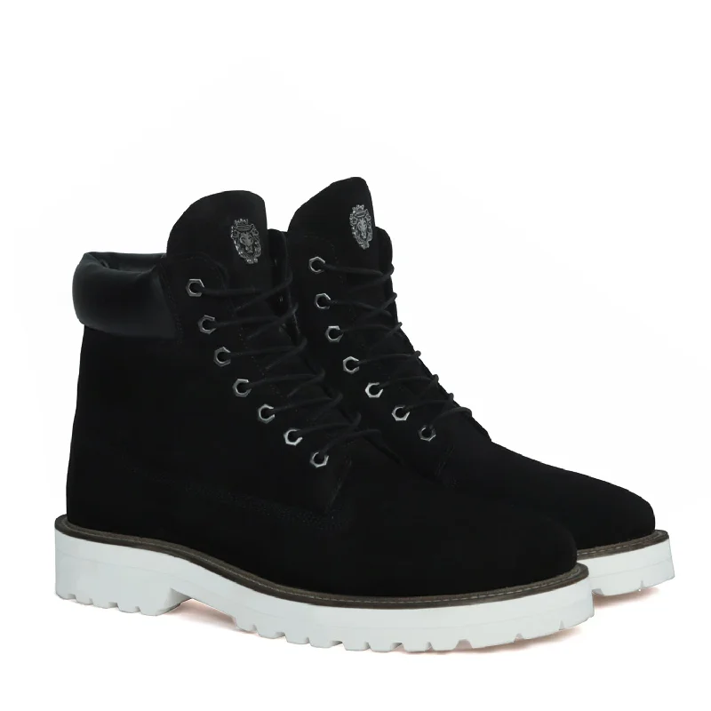 Unisex leather shoes sleek black-Light Weight Chunky Boot in Black Suede Leather with Lace-Up Closure White Sole By Brune & Bareskin