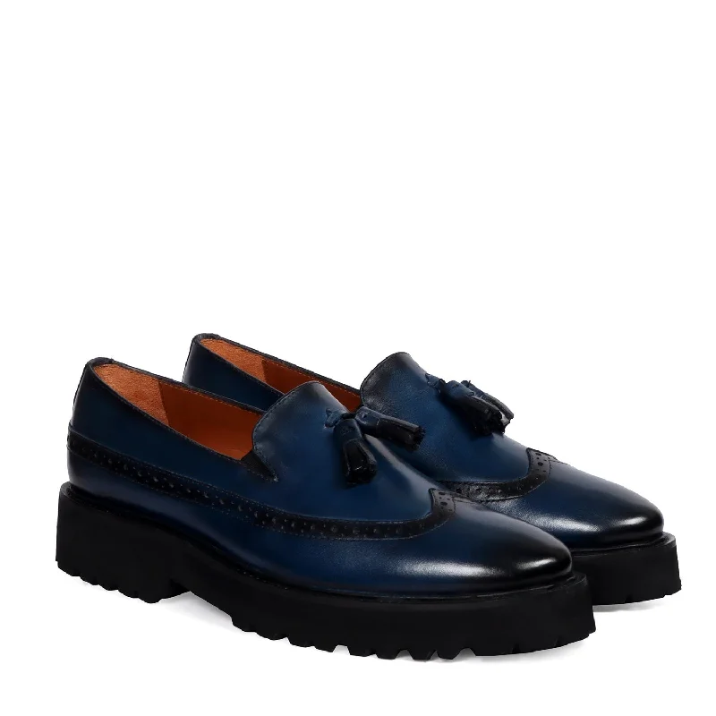 Unisex leather shoes formal navy-Light Weight Punching Brogue Blue Genuine Leather Tassel Shoes For Men By Brune & Bareskin