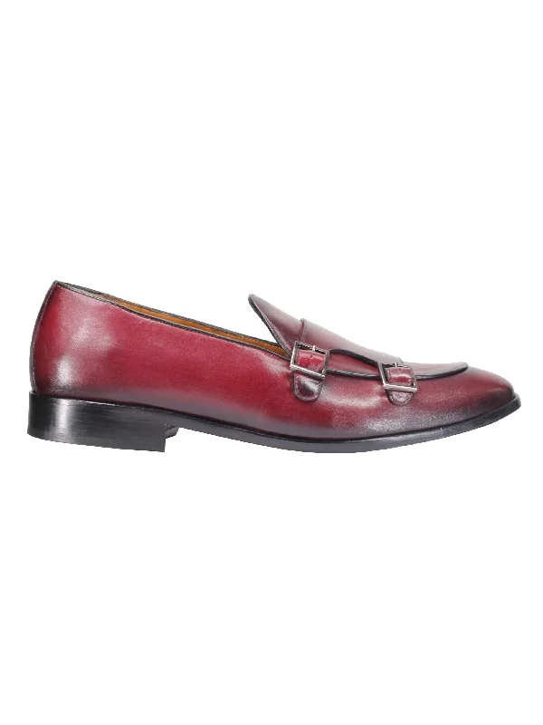 Unisex leather shoes stylish brown-Real Leather Double Monk Shoes in Wine