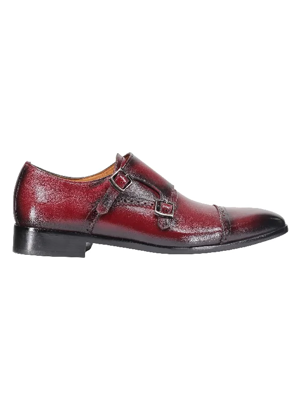 Unisex leather shoes sleek black-MAROON CALF LEATHER SEMI BROGUE MONK SHOES