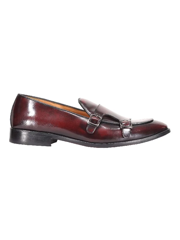 Unisex leather shoes premium black-MAROON PATENT LEATHER DOUBLE MONK SHOES