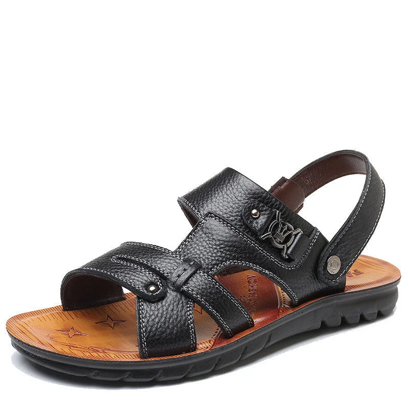 Men's water shoes drainage navy-Men Premium Leather Anti-Slip Beach Sandals