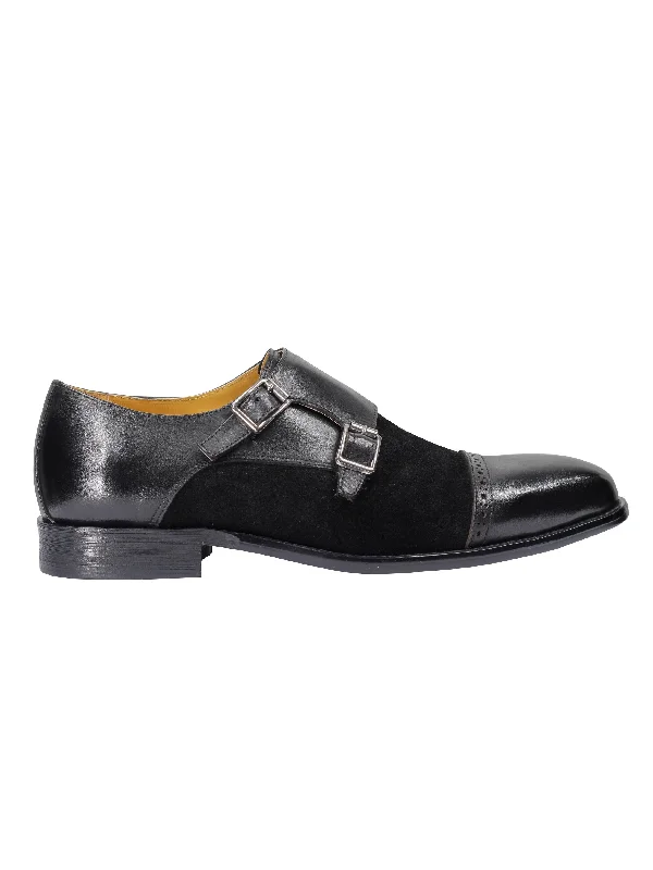 Unisex leather shoes lightweight navy-Leather & Suede Black Double Monk Shoes